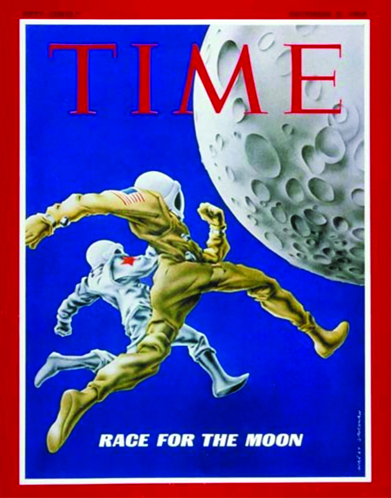 An American astronaut and a Soviet cosmonaut racing toward the moon.