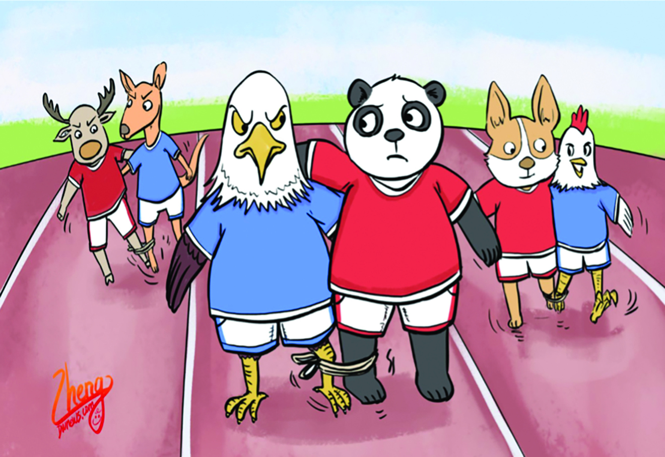 A panda and an eagle at a track field forced to run together in a race.