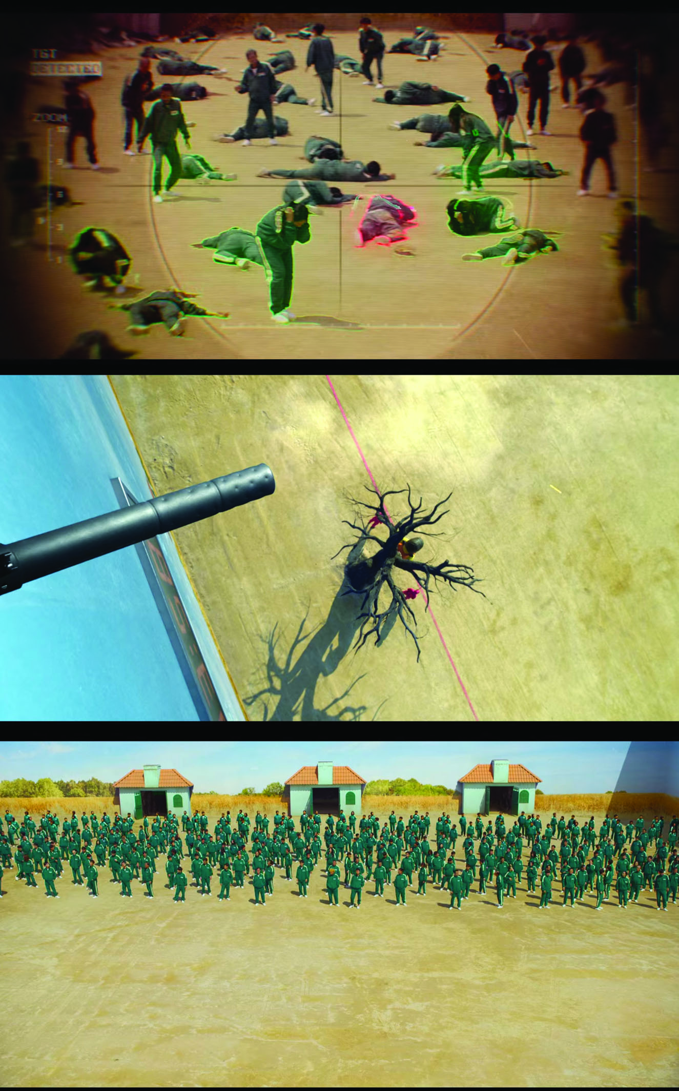 A collage of three images. The top shows a crosshair view of multiple individuals lying on the ground or standing in an array of positions. The middle shows a gun barrel sticking out of the wall above an animatronic doll next to a tree. The bottom shows a bird’s-eye view of a large crowd donning green uniforms with three open gates behind them on a sandy playground.