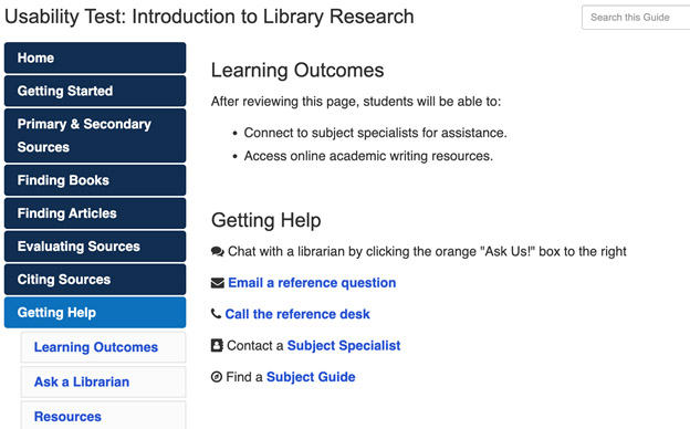 Screenshot which includes a view of the navigation menu, learning outcomes, and contact information.